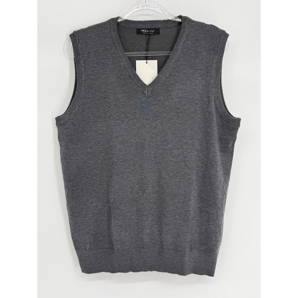 Moda Viva Mens Gray V-Neck Sweater Vest Knit Sleeveless Pullover Sz L NEW